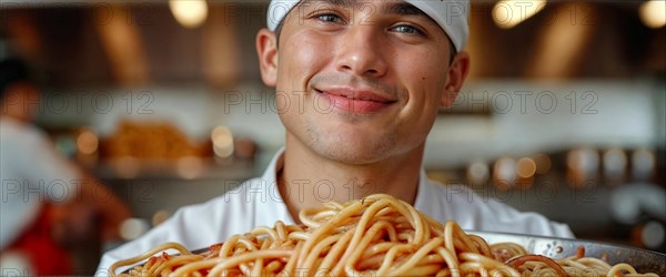 A young italian cheerful chef in a white hat and apron holds a large bowl of fresh spaghetti in a kitchen, AI generated