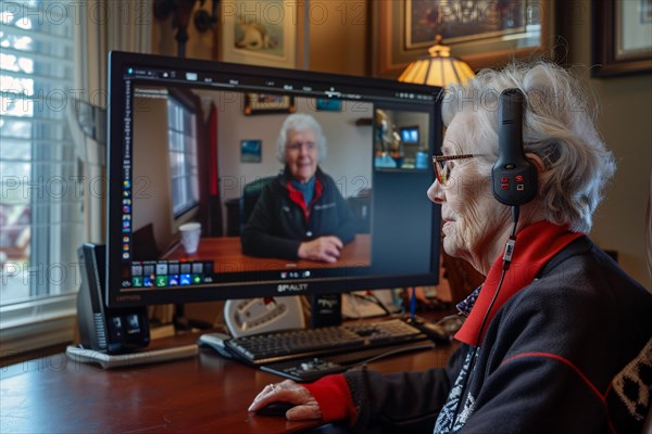 A cheerful elderly woman engaged in a video call using a computer at home, AI generated