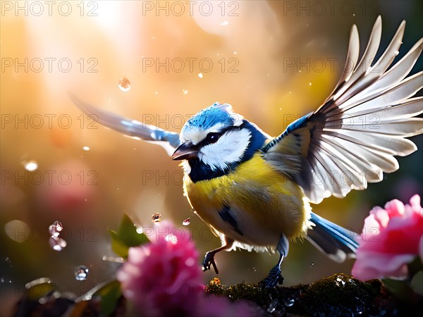 Blue tit bird dynamic takeoff from a blooming garden expressing summer wildlife, AI generated