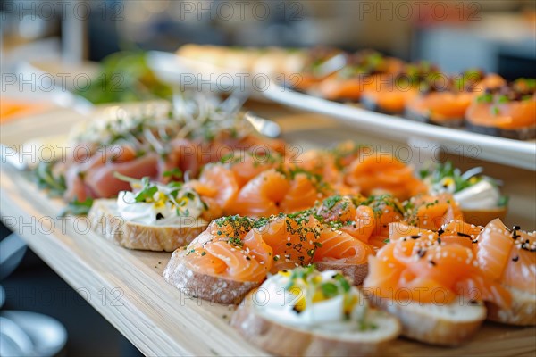 Platter of smoked salmon canapes with herbs on top, AI generated