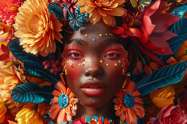 Hyper-realistic portrait of a woman with intricate face paint surrounded by vibrant floral elements, illustration, AI generated