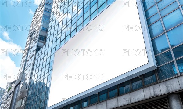 Blank screen banner mockup displayed on the modern building facade. Close Up view AI generated