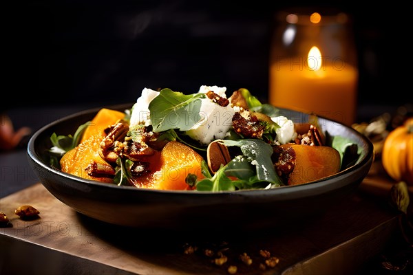 Autumn salad composed of roasted pumpkin and crumbled goat cheese, AI generated