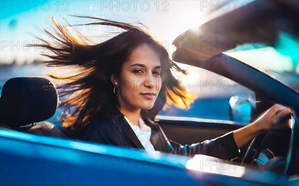 Young woman driving open-top in blue convertible with blowing hair, AI generated, AI generated