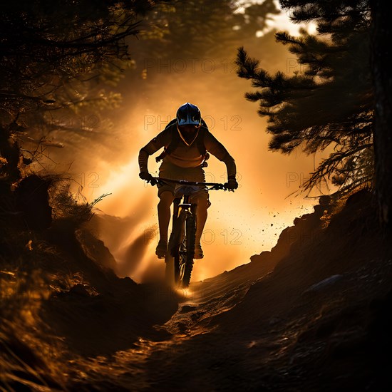 Mountain biker silhouette fleeing with the setting suns backdrop carving a path of dust, AI generated