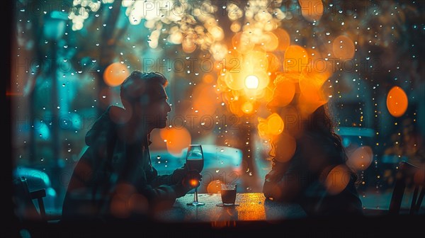 An intimate moment of a couple at a table with the backdrop of evening rain and bokeh lights having a glass of wine, romantic moment concept, AI generated