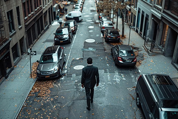 A solitary man walking down an urban street lined with parked cars, AI generated