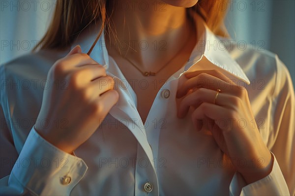 Close-up of a woman in a white blouse, creating a sense of intimacy under soft, warm lighting, AI generated