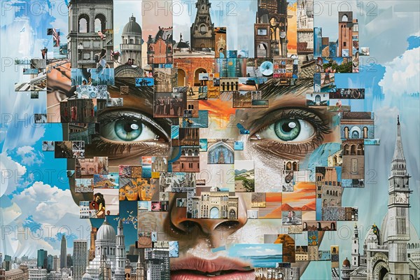 A collage creating a woman's face with eyes overlaid on a patchwork of architectural sights, illustration, AI generated
