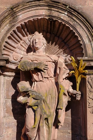 St Beatrix, west facade of the abbey church, Amorbach Monastery, Mainfranken, Lower Franconia, Franconia, Bavaria, Germany, Europe