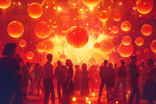 Silhouettes of people at a party with spherical lights and a red ambient atmosphere, illustration, AI generated