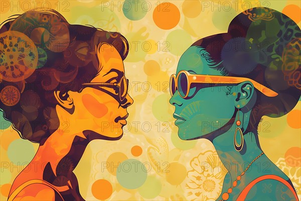 Artistic illustration of two women in profile, adorned with vibrant patterns and colors, illustration, AI generated