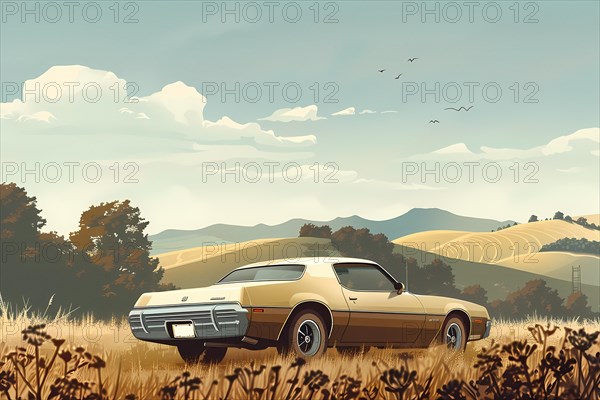 A serene illustration of a classic car in a countryside landscape with rolling hills, illustration, AI generated