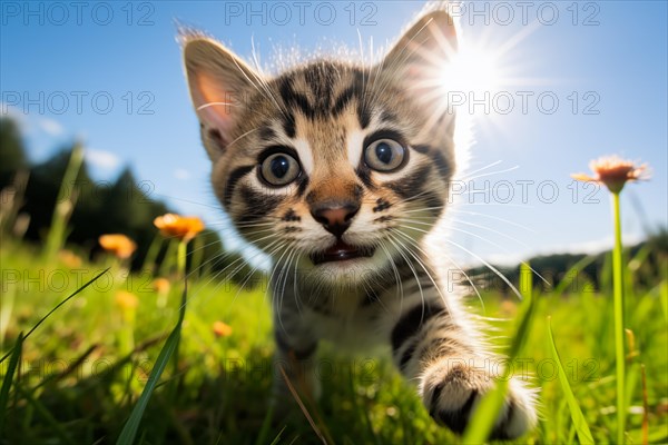 Playful Cute Kitten outdoors in Sunlit Grass. Kitten excitement and wonder as it explores the natural environment on a sunny day, AI generated