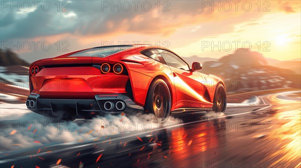 Italian Red sports expensive car driving fast on a coastal road with water splashes at sunset, AI generated