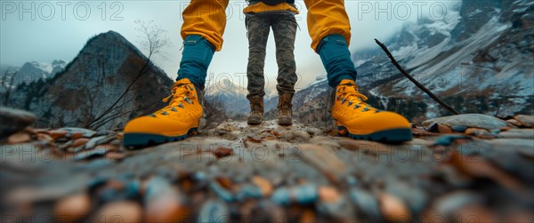 Close-up of colorful hiking boots on a mountain trail with scenic backdrop, AI generated