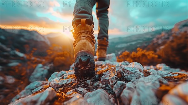 A trekker's perspective during golden hour on a rocky mountain path under a dramatic skyscape, AI generated