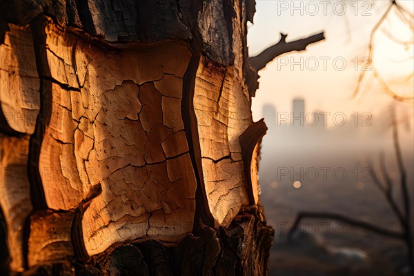 Tree barks texture cracked and dry juxtaposed with a faint city silhouette indicating climate change, AI generated