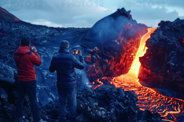 Tourists, onlookers photograph a spectacular volcanic landscape with liquid, partially cooled lava flows with their smartphones, symbolic image for volcano tourism, disaster tourism, travel trends and the associated dangers, AI generated, AI generated, AI generated