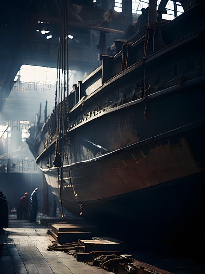 Close up ships hull under repair in seaport dry dock, AI generated