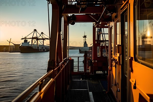 Crane operators cabin at a bustling seaport array of containers and ships, AI generated