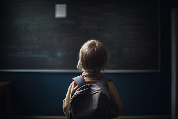 Back view of young child with backpack in front of chalkboard in school class room. KI generiert, generiert, AI generated