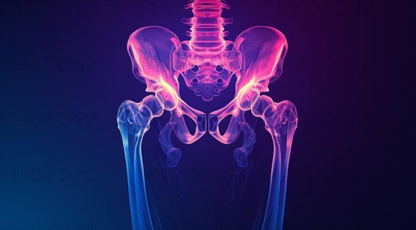 Digital medical artwork depicting pelvis bones with a vivid purple lighting effect, ai generated, AI generated