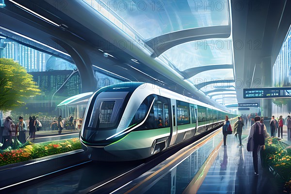 Conceptual digital rendering featuring a seamless transportation hub convergence of autonomous trains, AI generated