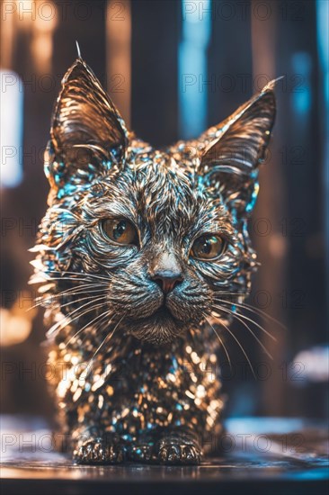 Close-up of a cat with intense gaze and shimmering coat with bokeh effect, ray tracing 3d sculpture, AI generated