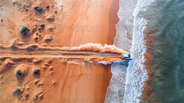 A car crossing where the desert dunes meet the ocean surf, action sports photography, AI generated