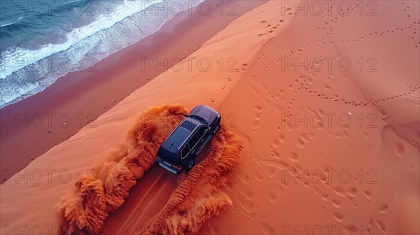A 4x4 carving deep tracks in a sand dune near the coastline with moody skies, action sports photography, AI generated