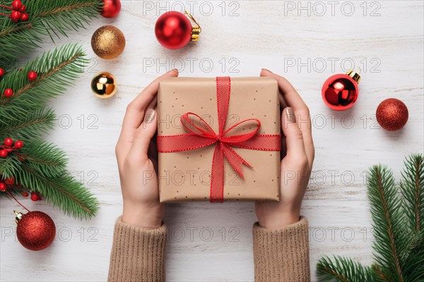 Top view of woman's hands holding craft paper wrapped christmas gift bow with red ribbon. KI generiert, generiert, AI generated