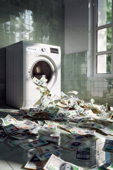 A mountain of banknotes lying in front of a washing machine, symbolising money laundering, illegally generated money, AI generated, AI generated, AI generated