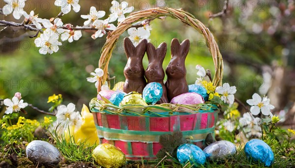 Chocolate Easter bunnies in a colourful Easter nest in the garden, symbolic Easter photo, AI generated, AI generated