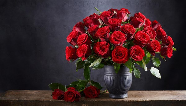 A large bouquet of red roses in a vase, stands on the table in the flat, AI generated, AI generated