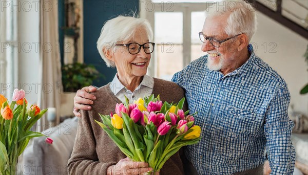 Two senior citizens smile at each other with a fresh bunch of tulips in a bright living room, AI generated, AI generated