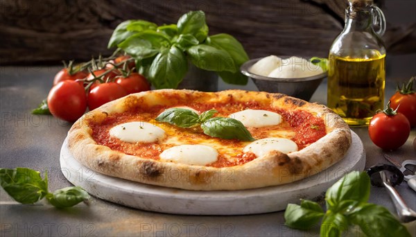 Food, Pizza Margherita with tomatoes, mozzarella and basil, AI generated, AI generated