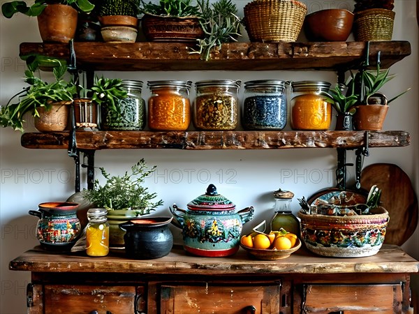 Boho kitchen shelf eclectic mix of colorful ceramic pots hanging cast iron pans shelves adorned, AI generated