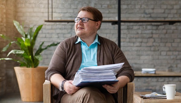 Relaxed man with pile of documents sits smiling in the office, symbol bureaucracy, AI generated, AI generated