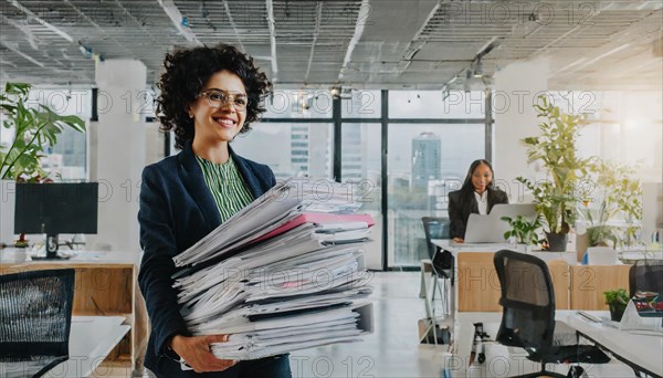 Cheerful woman with curls and glasses carries a pile of files, symbol bureaucracy, AI generated, AI generated