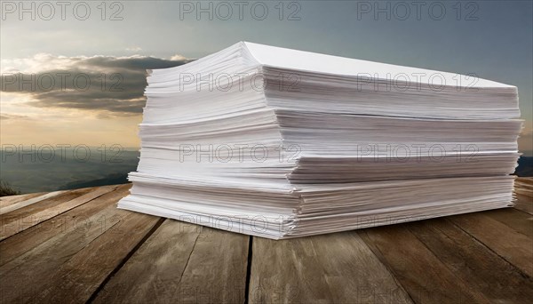 A large pile of papers on a wooden table with a cloudy sky in the background, symbolising bureaucracy, AI generated, AI generated