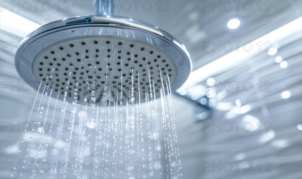 Close-up of shiny water droplets falling from a sleek metallic shower head AI generated