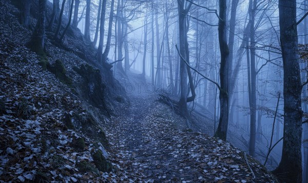 A leaf-strewn path through a foggy forest during twilight AI generated