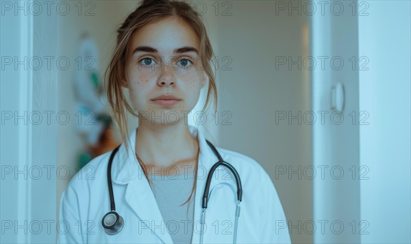 A serious-looking doctor stands in a corridor, exuding a sense of calm expertise AI generated