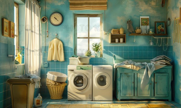 Laundry room interior with washing machine and clothes AI generated