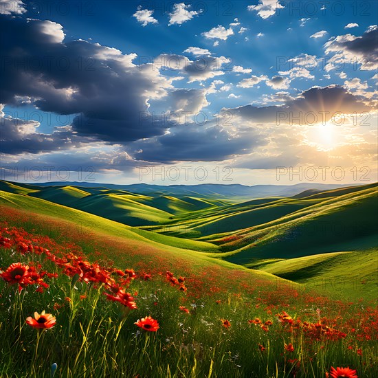 Rolling green hills embrace a vibrant quilt of wildflowers in summer, AI generated