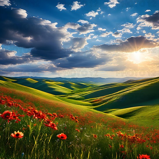 Rolling green hills embrace a vibrant quilt of wildflowers in summer, AI generated