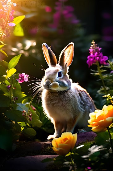 Rabbit in summer garden vibrancy, AI generated