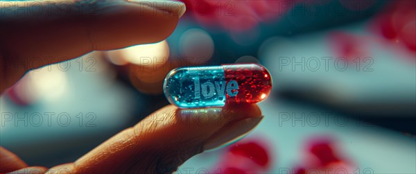 A capsule split in blue and red colors with 'love' text, held between fingers with a bokeh effect, AI generated