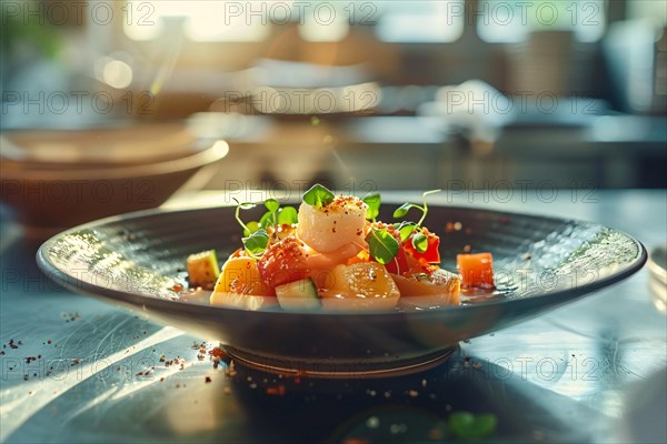 Stylish fruit tartare with melon and herb garnish on a dark plate, AI generated